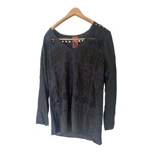 Johnny Was Sophia Top in Black Embroidered Eyelet Popover Semi‎ Sheer Boho Small